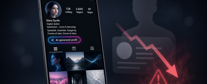 Smartphone viser Instagram-profil med glowing mærke AI-genereret profil, mens umærket profil mister rækkevidde med røde pile